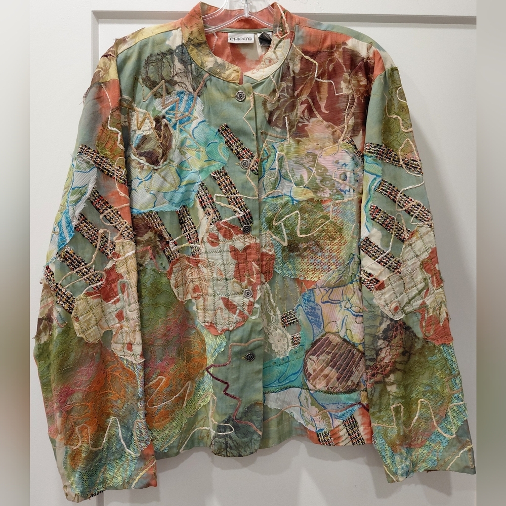 Chico's Sz L Multicolor Artistic Jacket Patchwork Button Up Whimsigoth Fun
